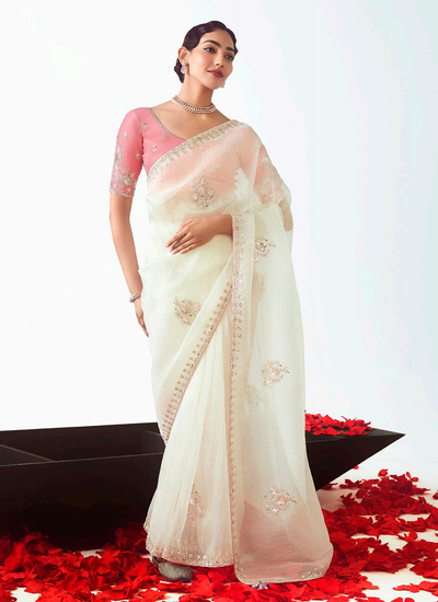 Off White Party Wear Organza Tissue Silk Handwork Sequins Embroidery Saree