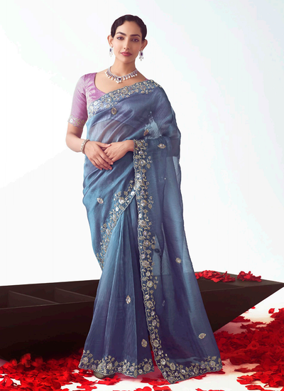 Reception Wear Organza Tissue Silk Purple Blue Handwork Sequins Embroidery Saree