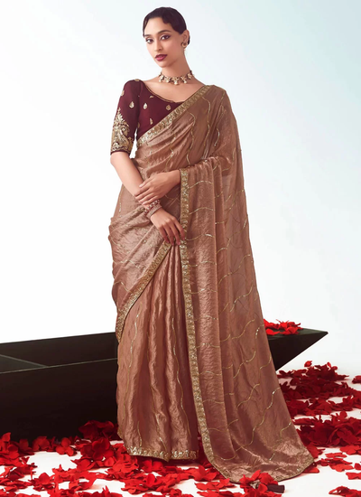 Brown Bridesmaid Organza Tissue Silk Handwork Sequins Embroidery Saree
