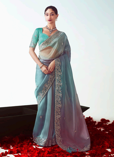 Turquoise Lilac Ombré Reception Organza Tissue Silk Handwork Sequins Embroidery Saree