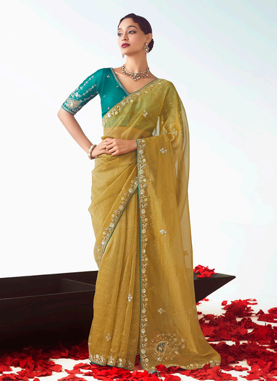 Yellow Organza Tissue Silk Handwork Sequins Embroidery Haldi Wear Saree