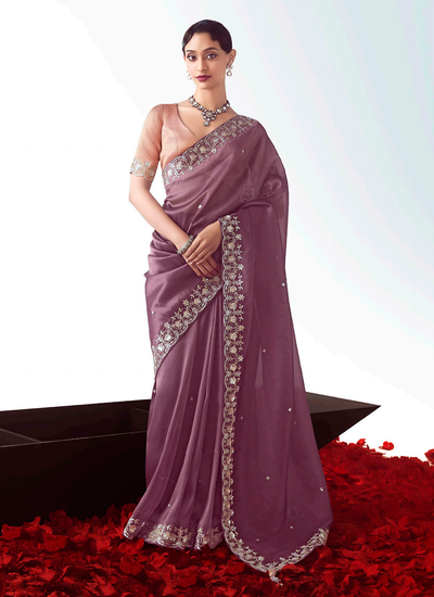 Organza Tissue Silk Mauve Handwork Sequins Embroidery Reception Wear Saree
