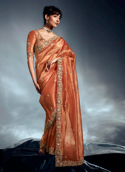 Sangeet Wear Orange Khatli Handwork Organza Tissue Silk Saree