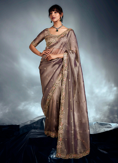 Copper Brown Handwork Embroidered Organza Tissue Silk Reception Saree