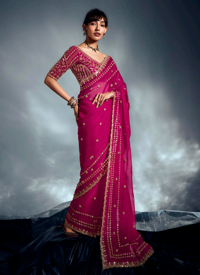 Bridesmaid Organza Tissue Silk Beadwork Magenta Pink Saree with Heavy Work Blouse