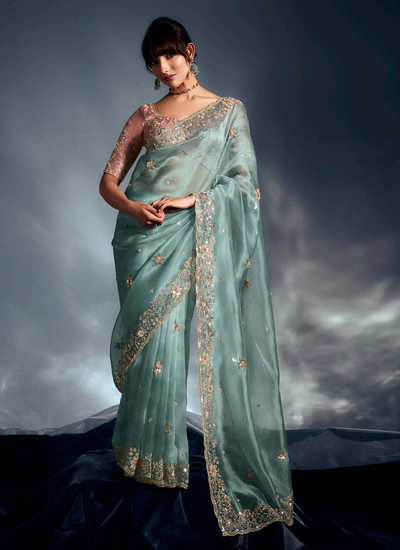 Sea Green Beads and Handwork Organza Tissue Silk Saree for Reception