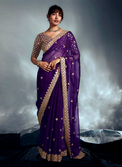 Violet Sequins Organza Tissue Silk Bridesmaid Saree with Heavy Designer Blouse