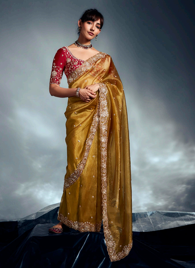 Yellow Sequins Beadwork Organza Tissue Silk Bridesmaid Saree