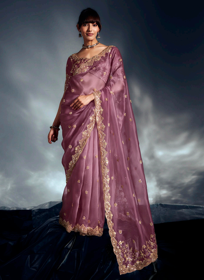 Reception Wear Organza Tissue Silk Mauve Sequins Beadwork Saree