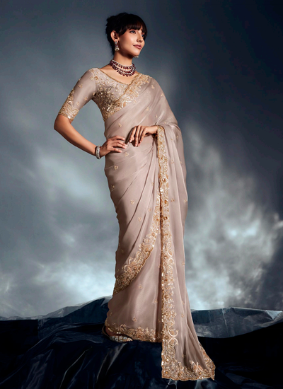 Pale Mauve Organza Tissue Silk Sequins Beadwork Reception Saree