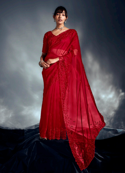 Partywear Bridal Red Beadwork Organza Tissue Silk Saree