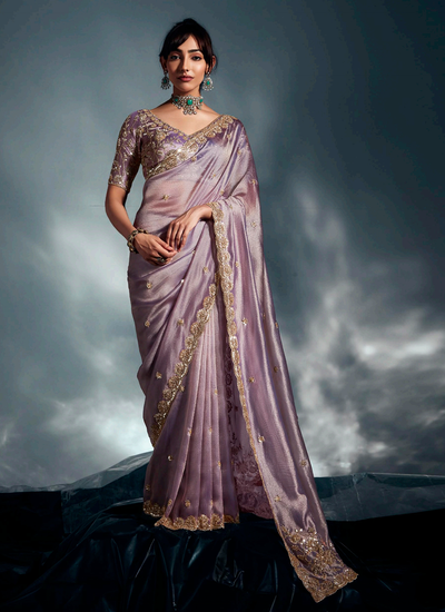 Bridesmaid Partywear Sequins Beadwork Lilac Organza Tissue Silk Saree