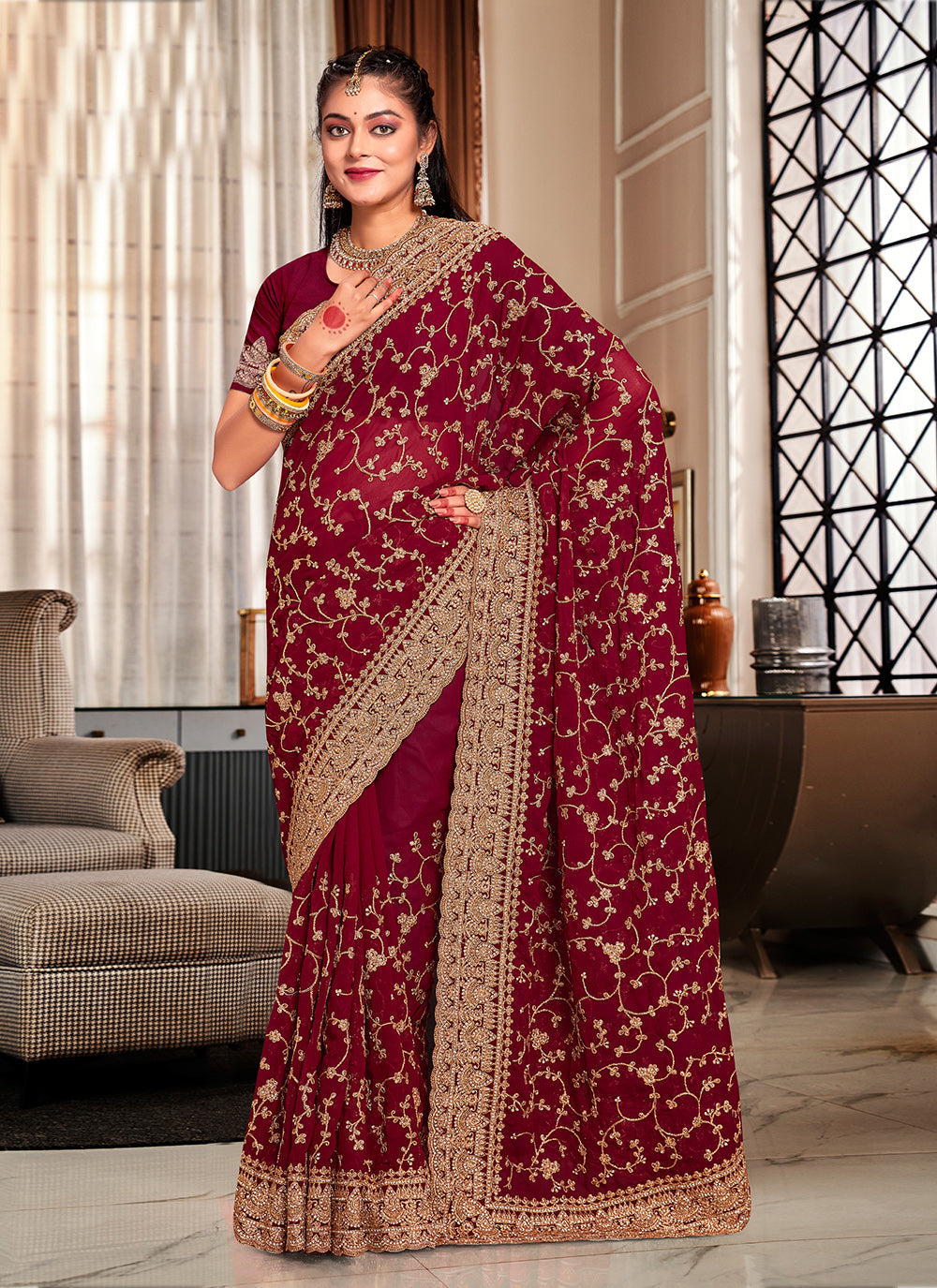 Cording Maroon Wedding Wear Georgette Saree – Siya Fashion