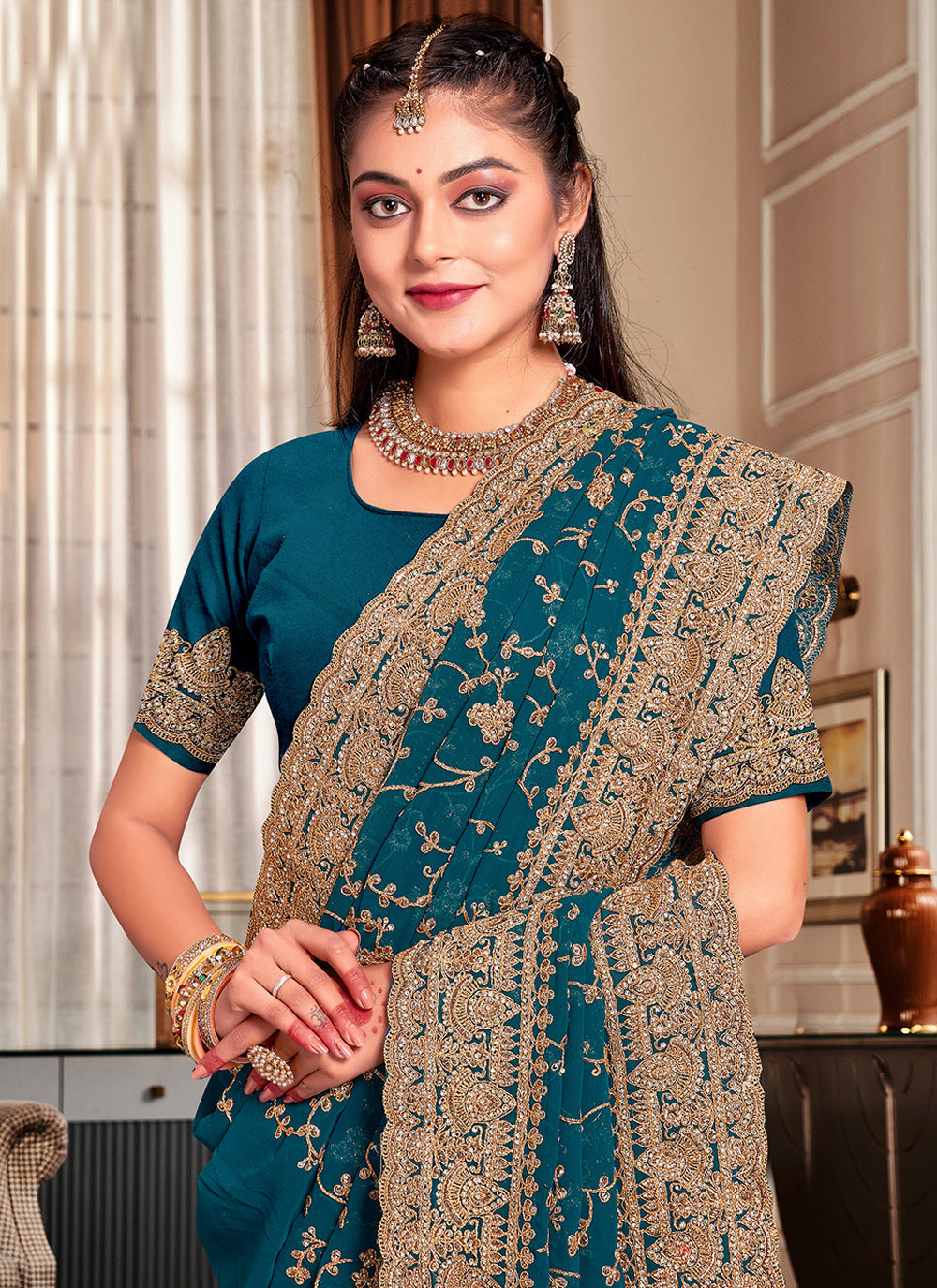 Cording Wedding Wear Peacock Blue Georgette Saree – Siya Fashion