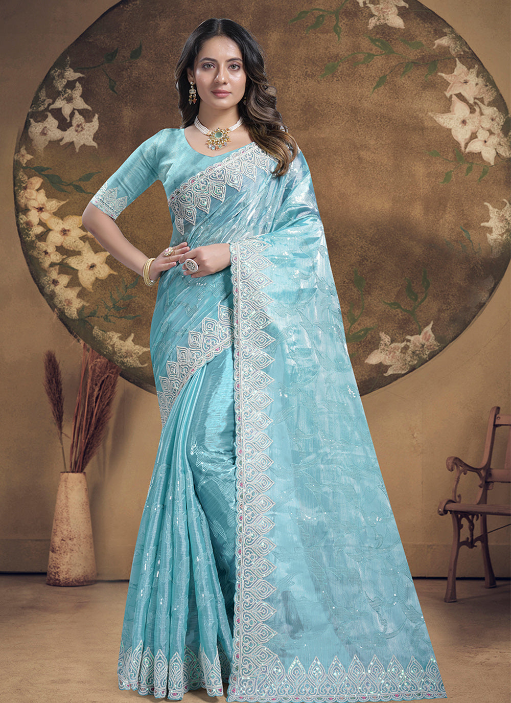 Sequins Georgette Party Wear Sky Blue Saree – Siya Fashion