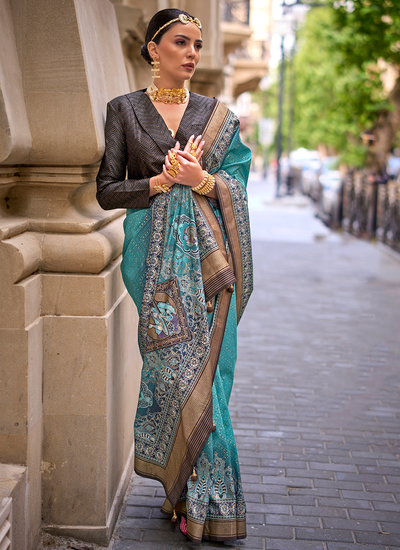 Turquoise Blue Printed Viscose Silk Festive Wear Saree