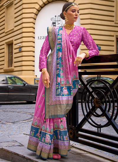 Pretty Pink Printed Bridesmaid Viscose Silk Saree