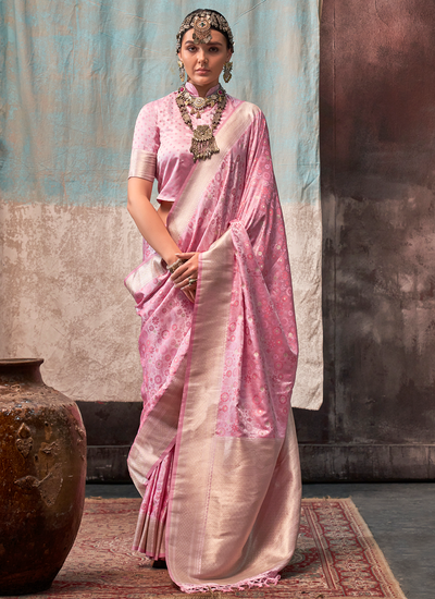 Baby Pink Satin Silk Bridesmaid Multi Zari Handloom Weaving Floral Design Saree