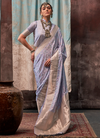 Festival Periwinkle Blue Satin Silk Multi Zari Handloom Weaving Floral Design Saree