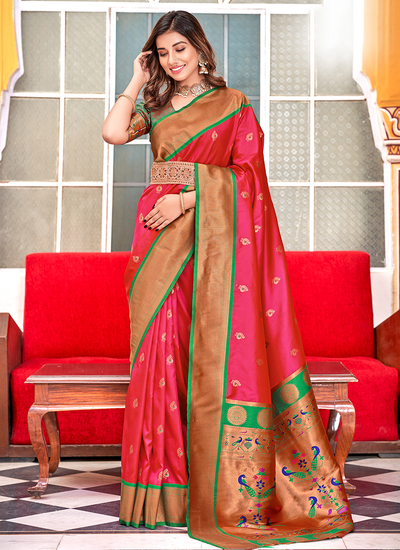 Paithani Silk Weaving Festive Wear Saree In Rani