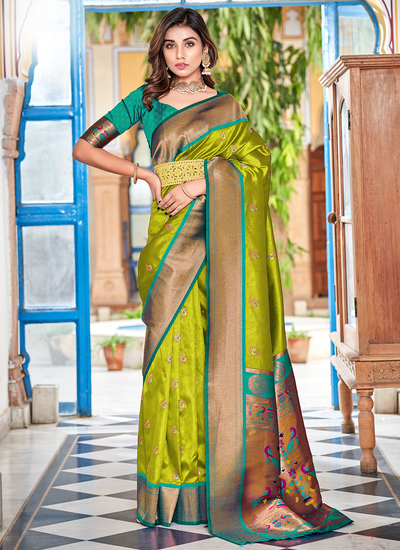 Paithani Silk Olive Green Weaving Festive Wear Paithani Saree