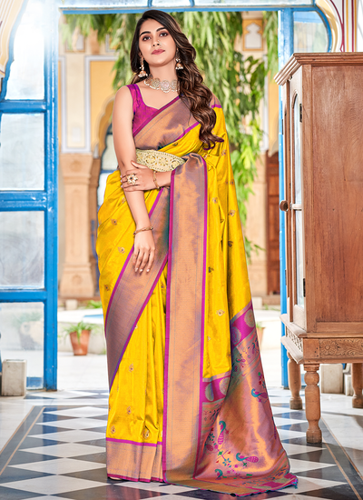 Yellow Festive Wear Paithani Silk Weaving Saree