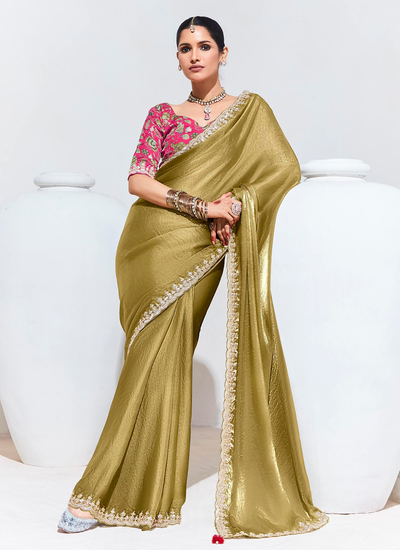 Latest Organza Dark Mustard Sequins Embroidered Reception Saree