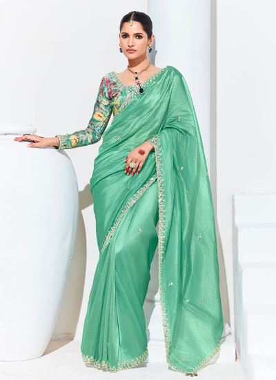 Mint Green Organza Sequins Embroidered Reception Saree