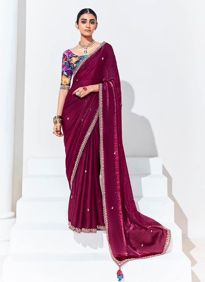 Designer Sequins Embroidered Border Organza Burgundy Reception Saree