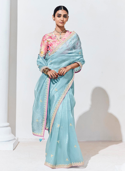 Sequins Embroidered Border Organza Sky Blue Reception Saree