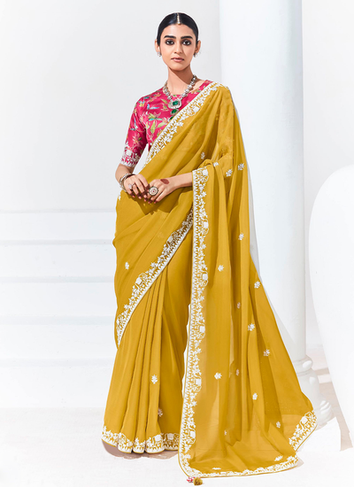 Mustard Sequins Embroidered Border Organza Reception Saree