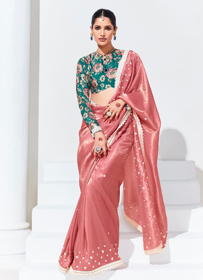 Organza Dark Peach Sequins Embroidered Border Reception Saree