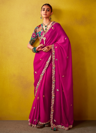 Hot Pink Tissue Silk Bridesmaid Sequins Embroidered Saree