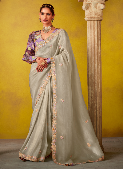 Adorable Grey Bollywood Style Tissue Silk Sequins Embroidered Saree