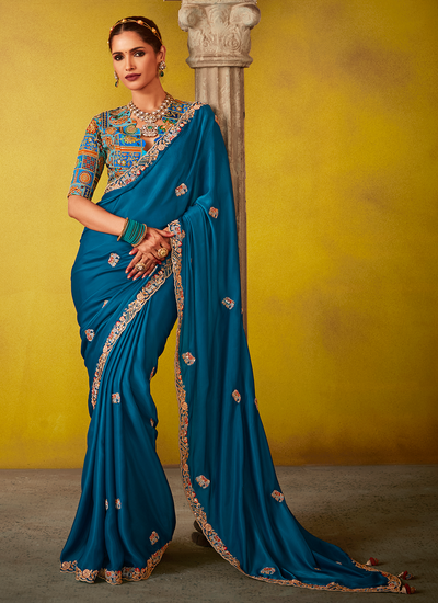 Engaging Blue Sequins Embroidered Tissue Silk Festival Saree