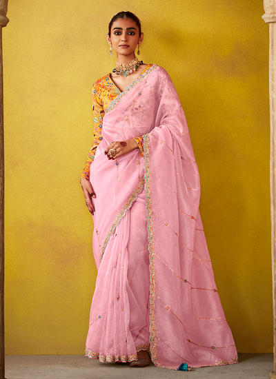 Bridesmaid Charming Pink Sequins Embroidered Tissue Silk Saree