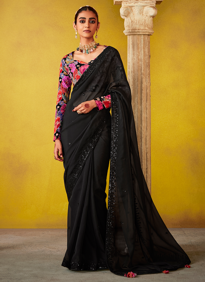 Designer Black Tissue Silk Bollywood Sequins Embroidered Saree