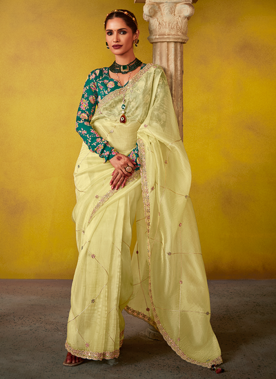 Pretty Tissue Silk Light Yellow Bridesmaid Sequins Embroidered Saree