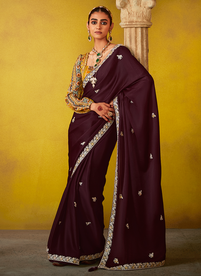 Deep Wine Tissue Silk Festive Wear Sequins Embroidered Saree