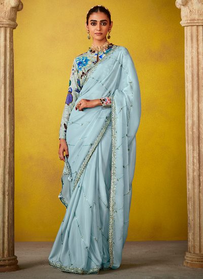 Tissue Silk Bridesmaid Light Cyan Sequins Embroidered Saree