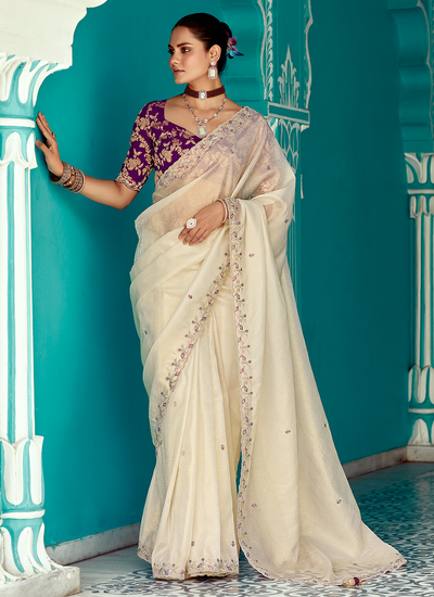 Reception Wear Off White Glass Tissue Sequins Embroidered Border Saree With Contrast Blouse