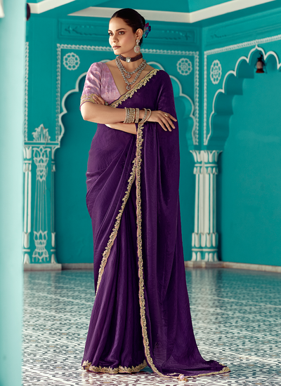 Purple Wedding Wear Crush Silk Sequins Embroidered Border Saree With Contrast Blouse