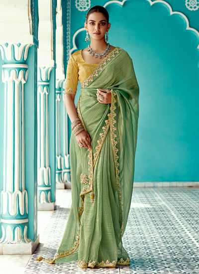 Crush Silk Pista Green Reception Wear Sequins Embroidered Border Saree With Contrast Blouse