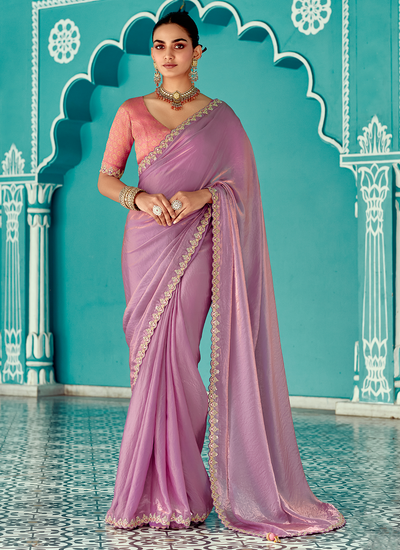 Lilac Glass Tissue Sequins Embroidered Border Wedding Wear Saree With Contrast Blouse