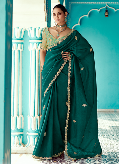 Teal Party Wear Crush Silk Sequins Embroidered Border Saree With Contrast Blouse