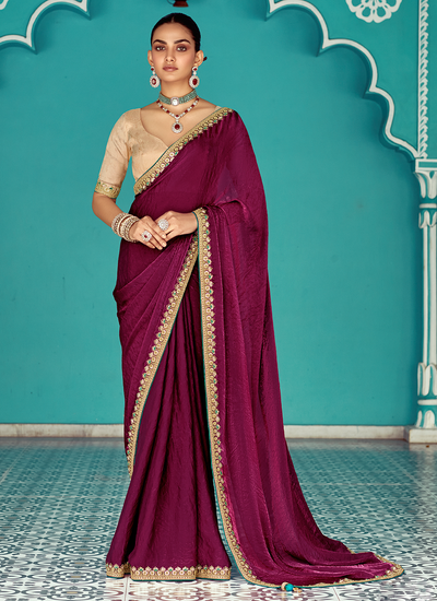 Crush Silk Sequins Embroidered Border Burgundy Wedding Wear Saree