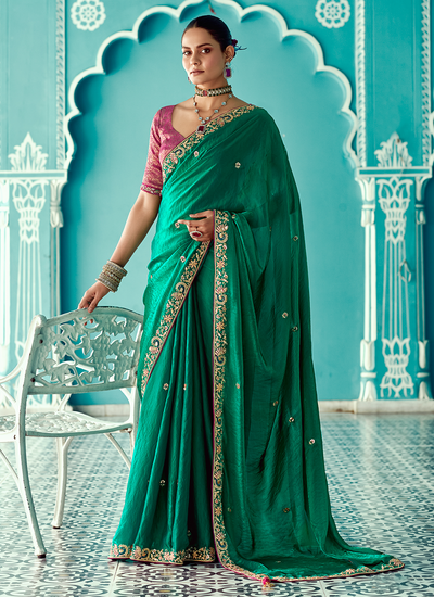 Green Crush Silk Sequins Embroidered Border Mehendi Wear Saree