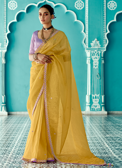 Organza Yellow Sequins Embroidered Border Haldi Wear Saree With Jacquard Blouse