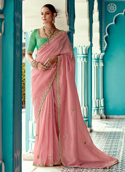 Reception Wear Pink Crush Silk Sequins Embroidered Border Saree With Contrast Blouse