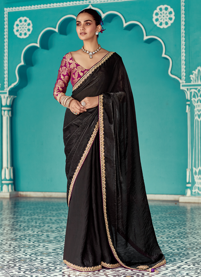 Black Party Wear Crush Silk Sequins Embroidered Border Saree With Contrast Blouse